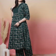 Women Green Floral Printed Hand Work Anarkali Kurta with Trouser & Dupatta