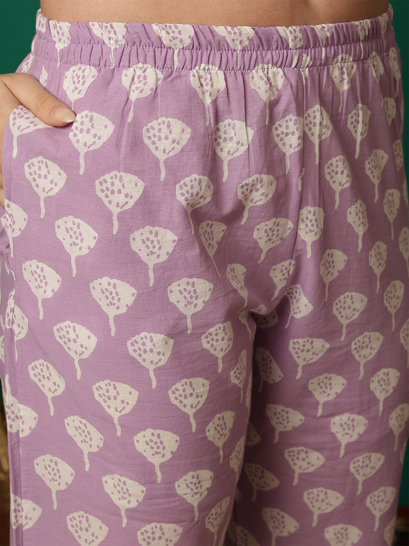 Women Purple Cotton Printed Straight Kurta with Trouser & Dupatta
