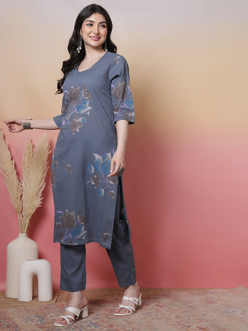 Women Coral Cotton Placement Printed Hand Work Kurta with Trouser & Dupatta