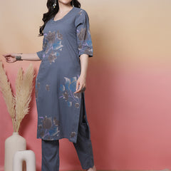 Women Coral Cotton Placement Printed Hand Work Kurta with Trouser & Dupatta