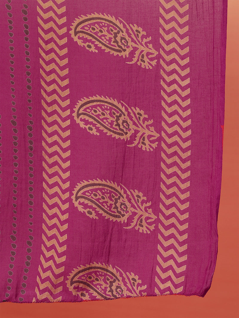 Women Pink Cotton Printed V-neck Straight Kurta with Trouser & Dupatta