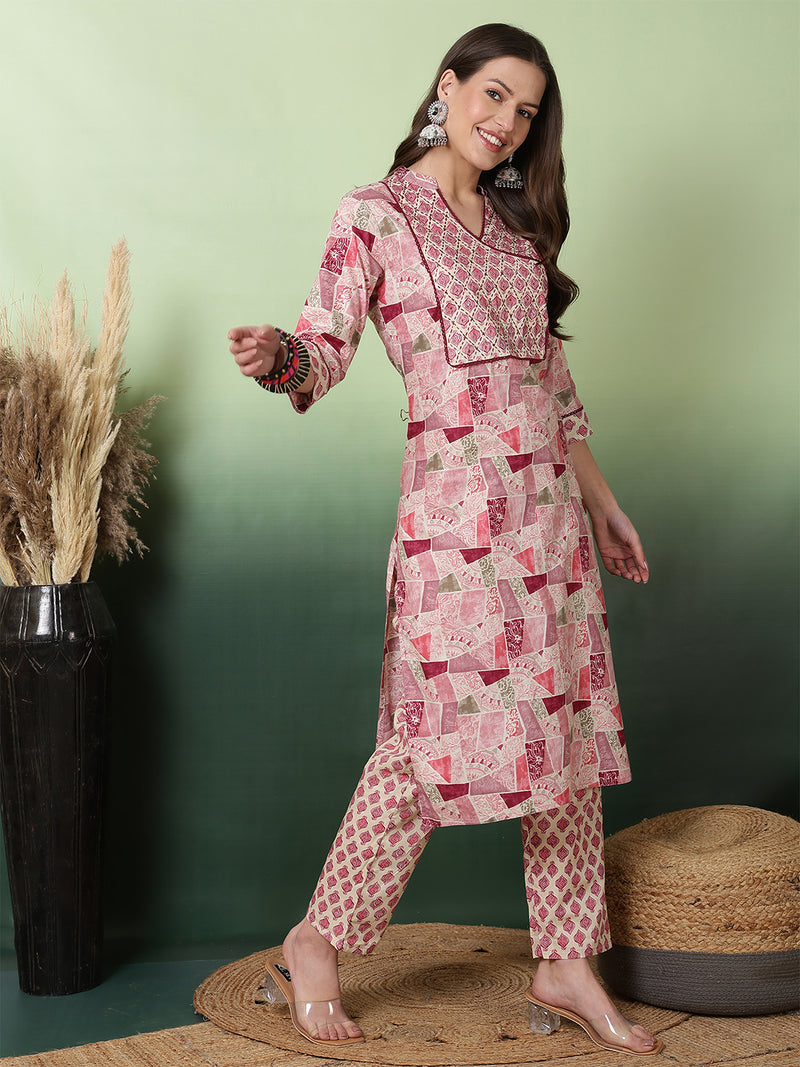 Women Pink Digital Printed V-neck Kurta with Trouser & Dupatta