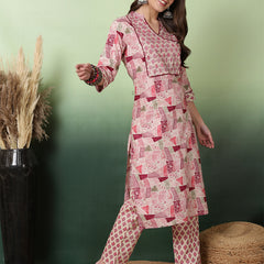 Women Pink Digital Printed V-neck Kurta with Trouser & Dupatta