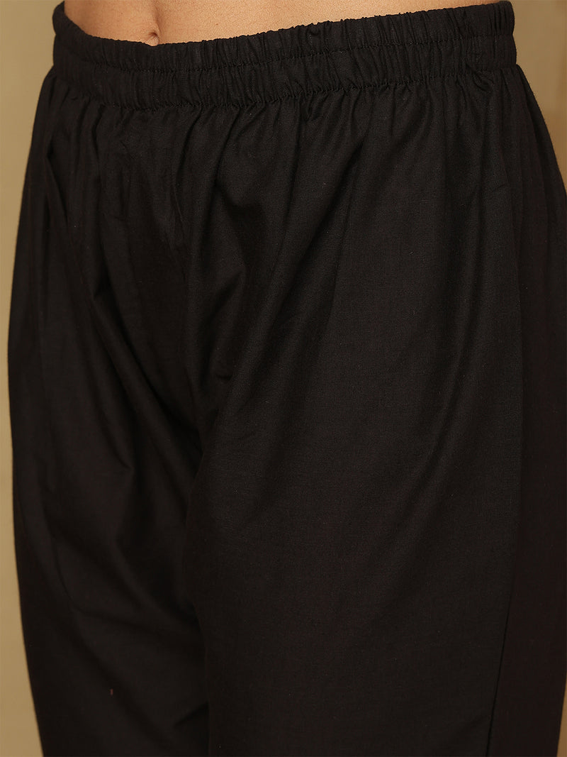 Women Black Cotton Discharge Printed A-Line Kurta With Trouser & Dupatta