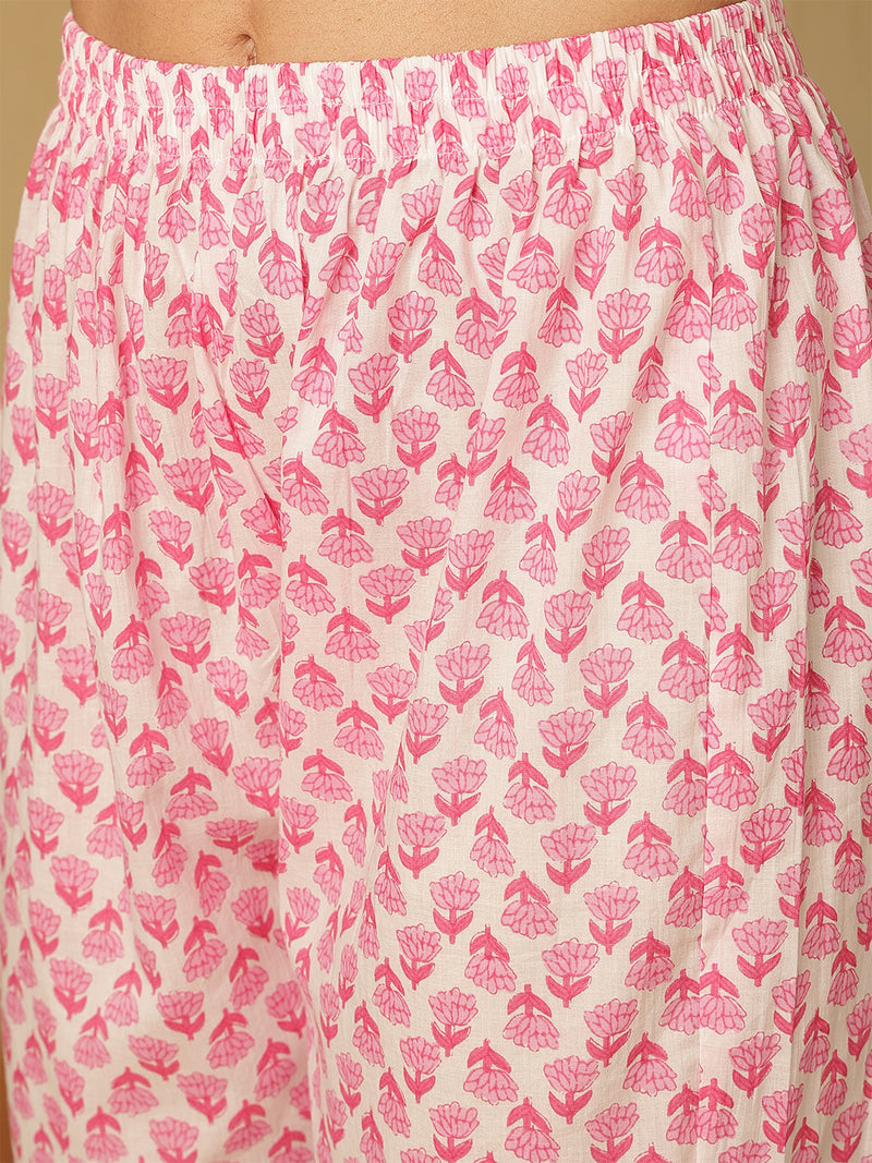 Women Pink Cotton Embroidery Kurta With Trouser & Dupatta