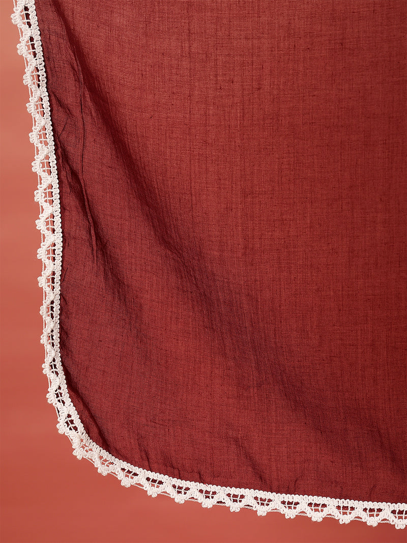 Women Cotton Maroon Embroidery Anarkali Kurta with Trouser & Dupatta