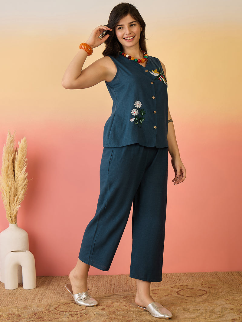 Women Cotton Navy Blue Embroidery Top With Trouser Co-ord Set