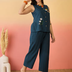Women Cotton Navy Blue Embroidery Top With Trouser Co-ord Set