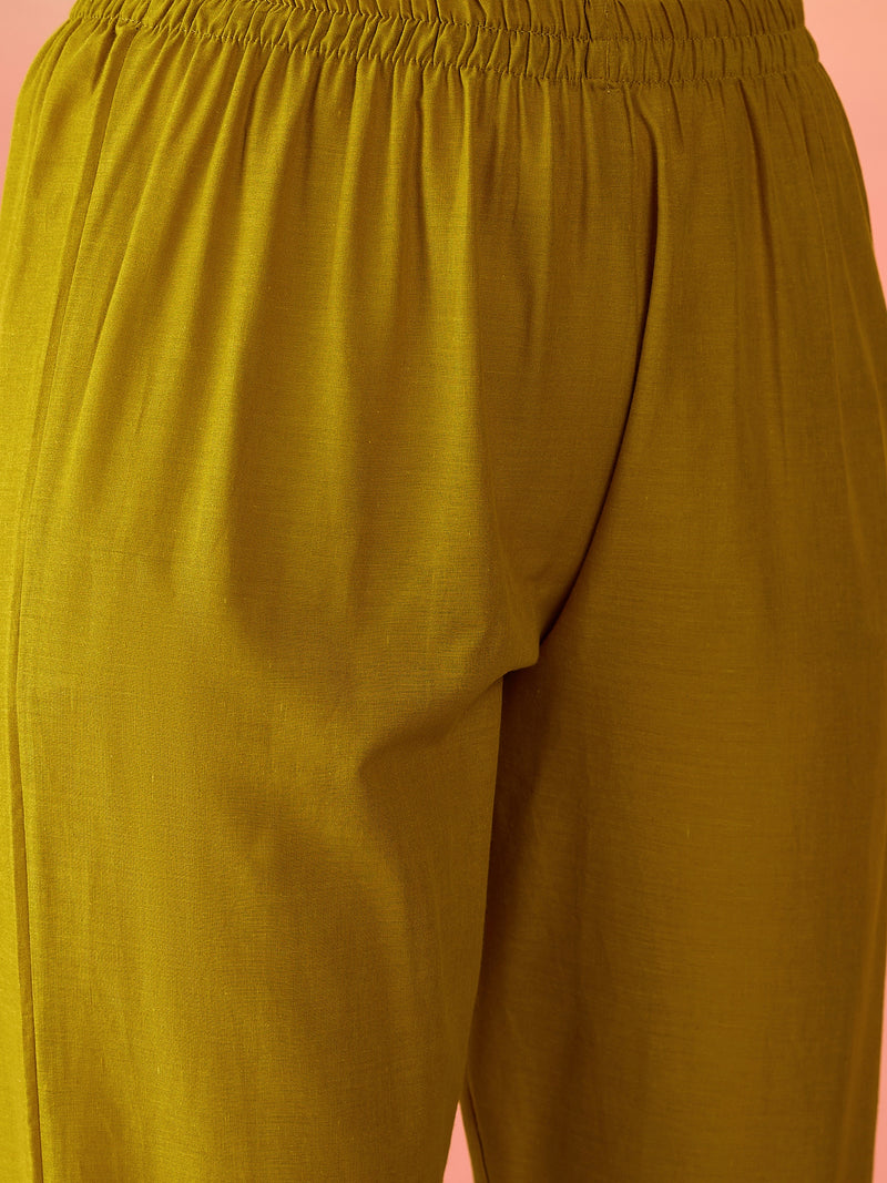 Women Mustard Pure Cotton Embroidery Yoke Anarkali Kurta with Trouser & Dupatta