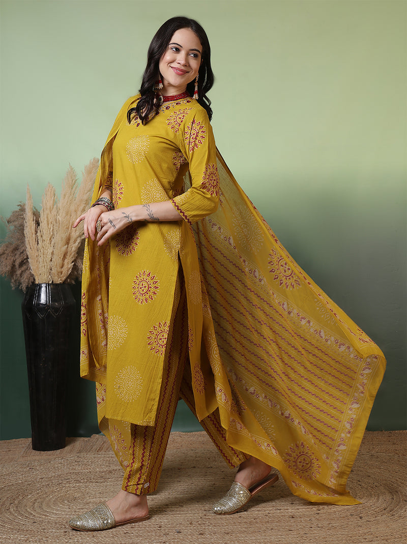 Women Pure Cotton Mustard Hand Work Yoke Printed Kurta with Trouser & Dupatta
