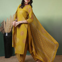 Women Pure Cotton Mustard Hand Work Yoke Printed Kurta with Trouser & Dupatta