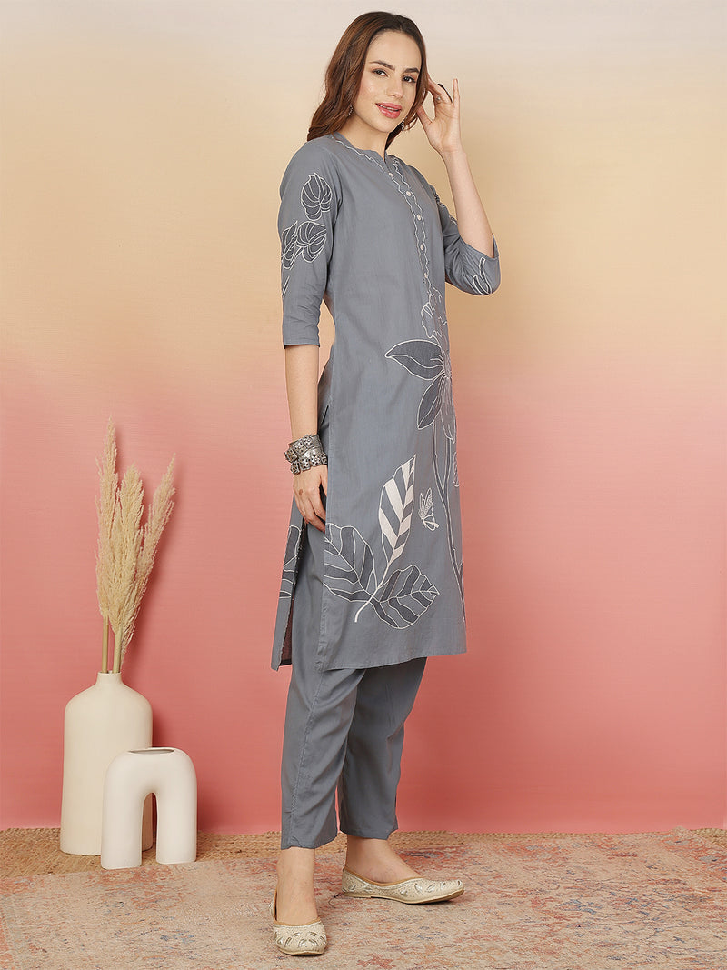 ANAISA Women Cotton Placement Print Straight Kurta with Trouser & Dupatta