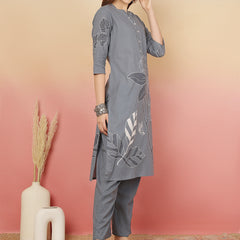 ANAISA Women Cotton Placement Print Straight Kurta with Trouser & Dupatta