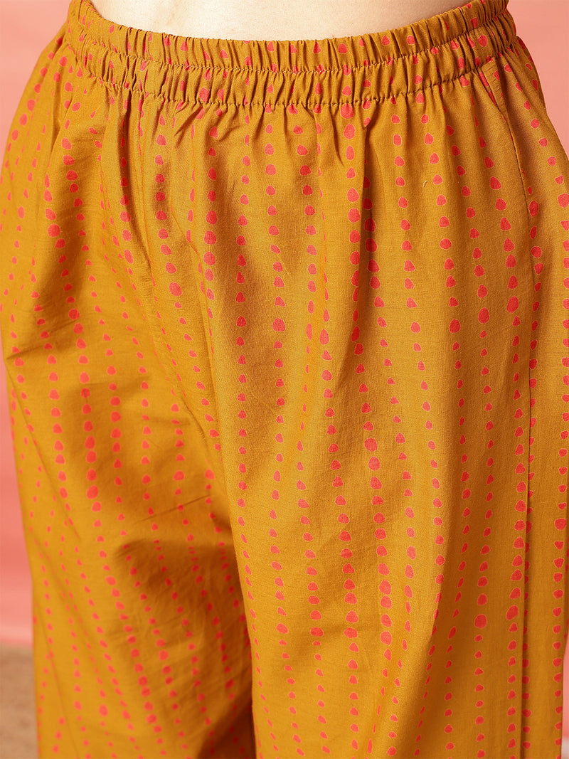 Women Mustard Cotton Printed V-neck Straight Kurta with Trouser & Dupatta