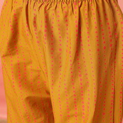 Women Mustard Cotton Printed V-neck Straight Kurta with Trouser & Dupatta