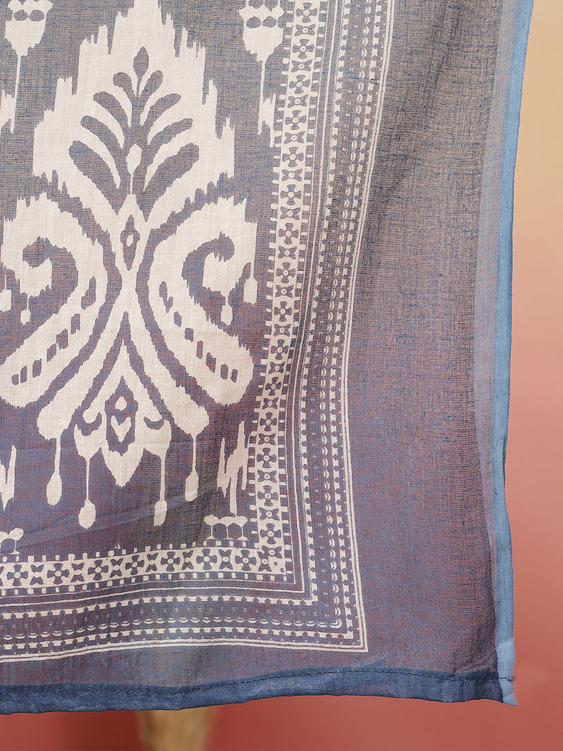 Sangira Women Cotton Printed V-neck, Straight Kurta with Trouser & Dupatta