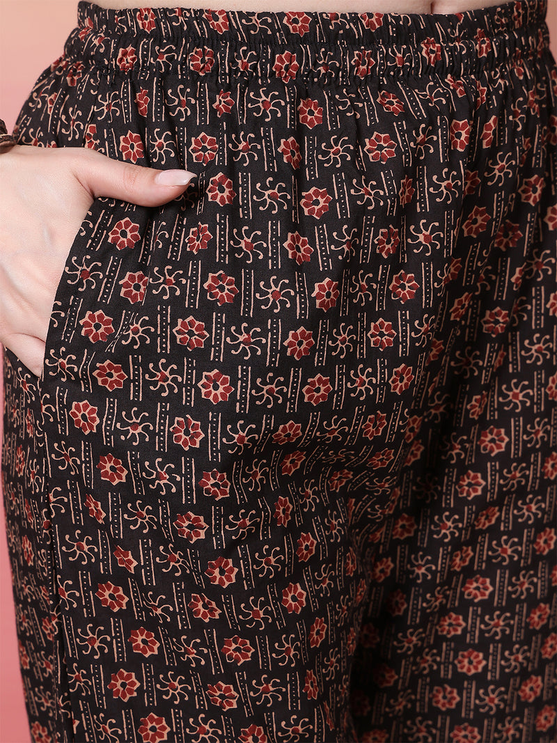 Women Black Block Printed Kurta with Trouser & Dupatta