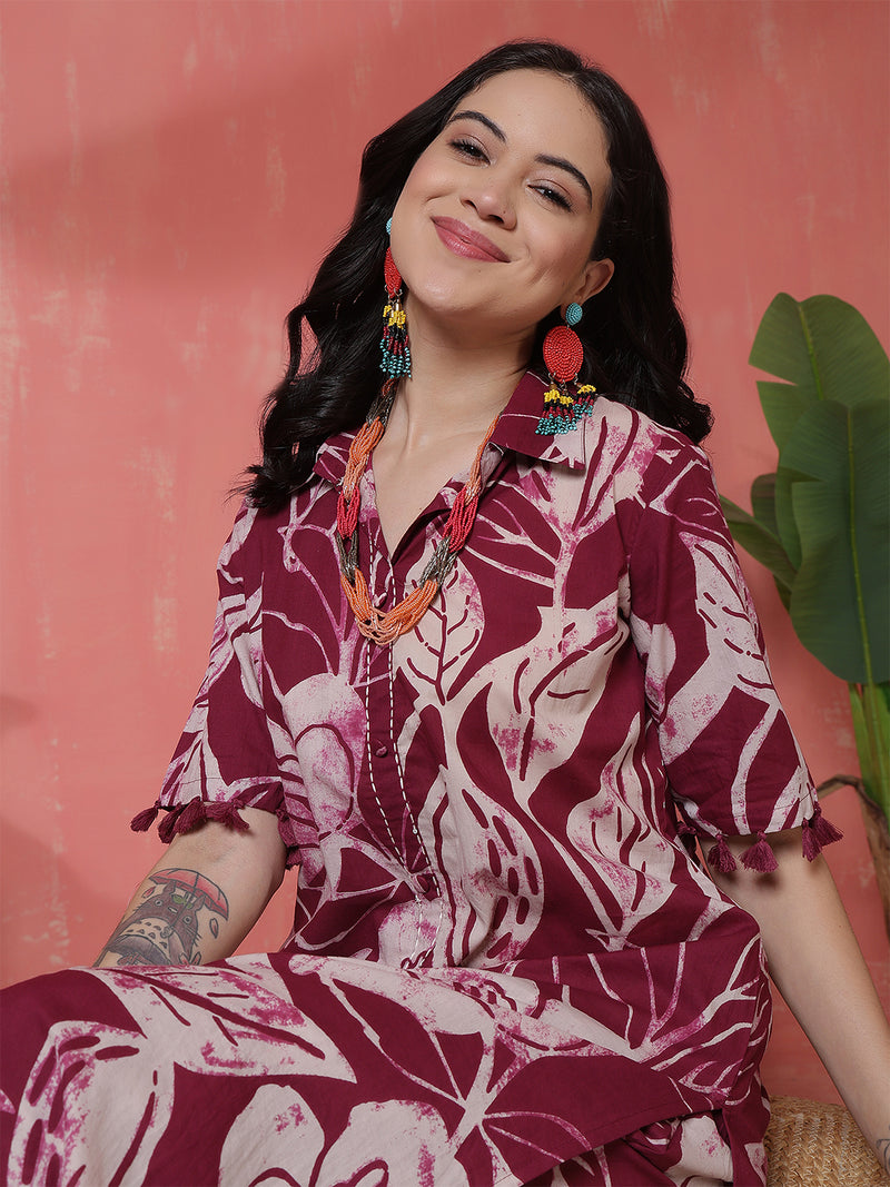 Women Purple Cotton Printed Kurta with Trouser Set