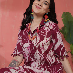 Women Purple Cotton Printed Kurta with Trouser Set