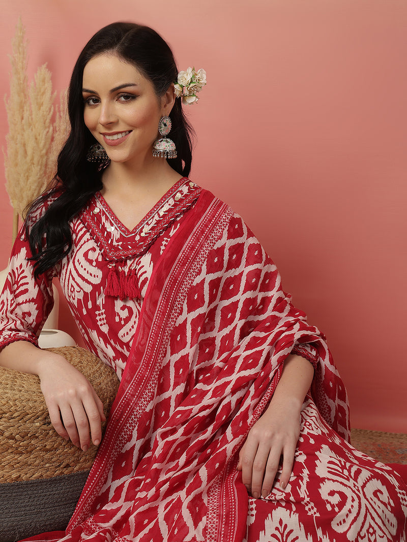 Sangira Women Cotton Printed V-neck, Straight Kurta with Trouser & Dupatta