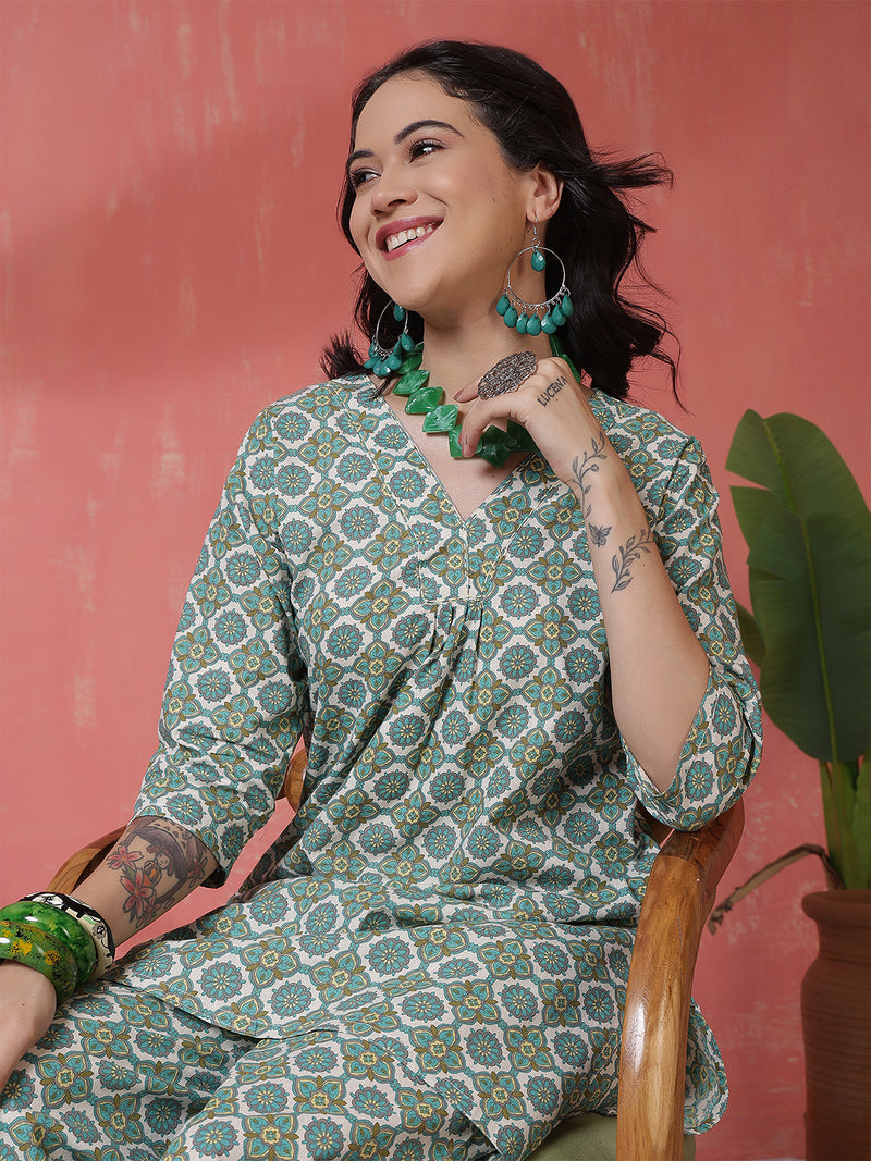 Women Green Cotton Flex Printed Top with Trouser Co-ord Set