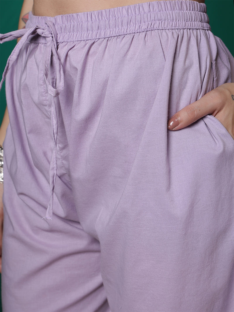 Women Lavender Cotton Flex Pocket Embroidery Kurta with Trouser Set