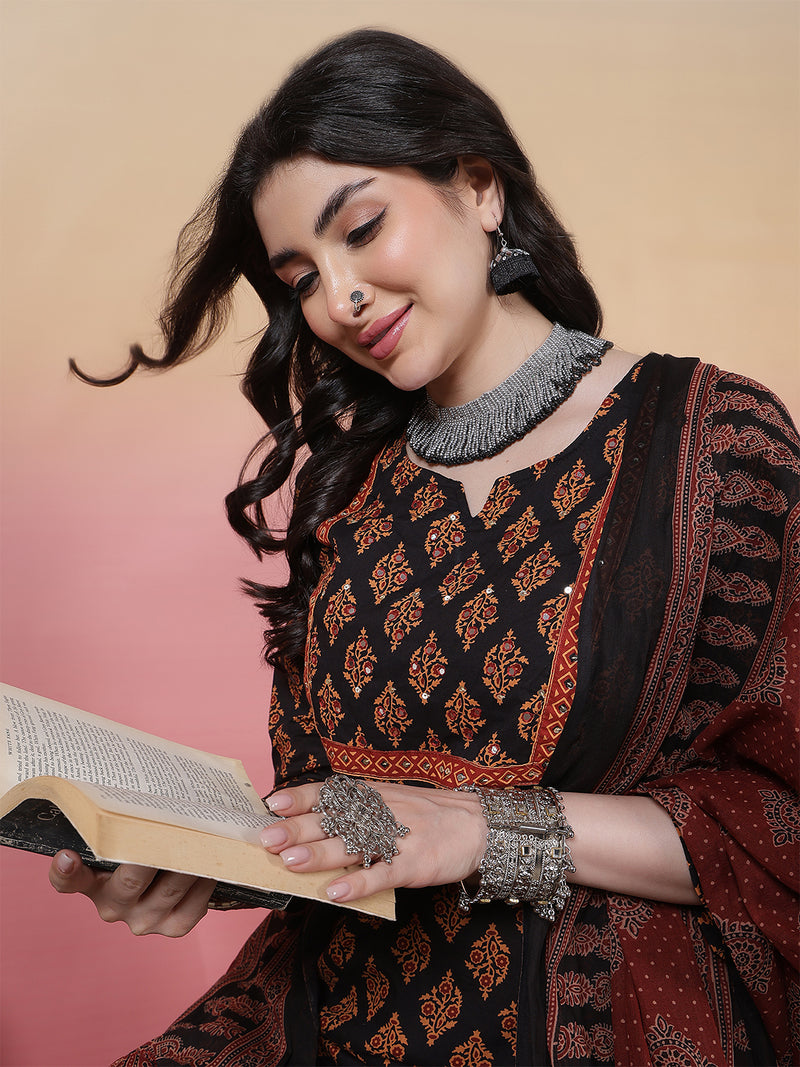 Women Cotton Hand Block Printed Kurta with Trouser & Dupatta