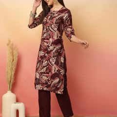 Women Wine Yoke Embroidery Kurta with Trouser & Dupatta