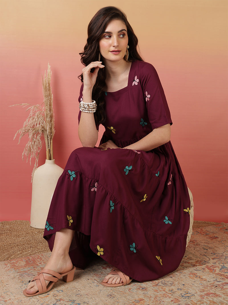 Women Wine Cotton Embroidery Fit And Flare Dress Anaisajaipur Women Wine Cotton Embroidery Fit And Flare Dress Anaisajaipur