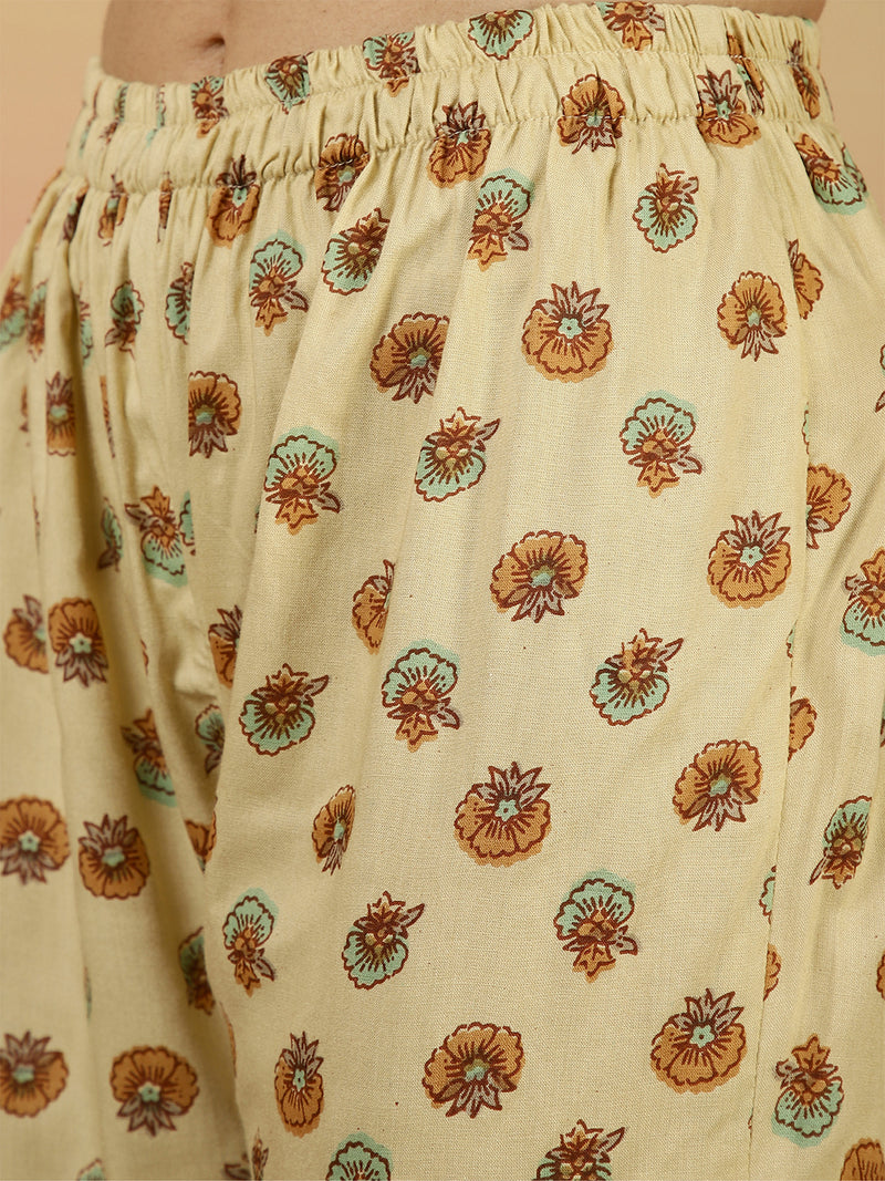 Women Beige Printed Anarkali Kurta With Pant & Dupatta