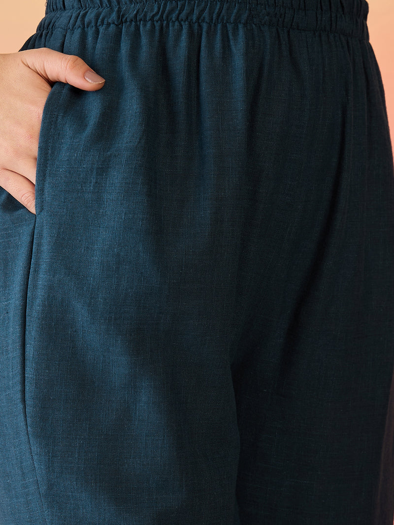 Women Cotton Navy Blue Embroidery Top With Trouser Co-ord Set