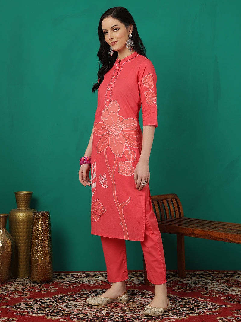 ANAISA Women Cotton Placement Print Straight Kurta with Trouser & Dupatta