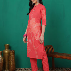 ANAISA Women Cotton Placement Print Straight Kurta with Trouser & Dupatta