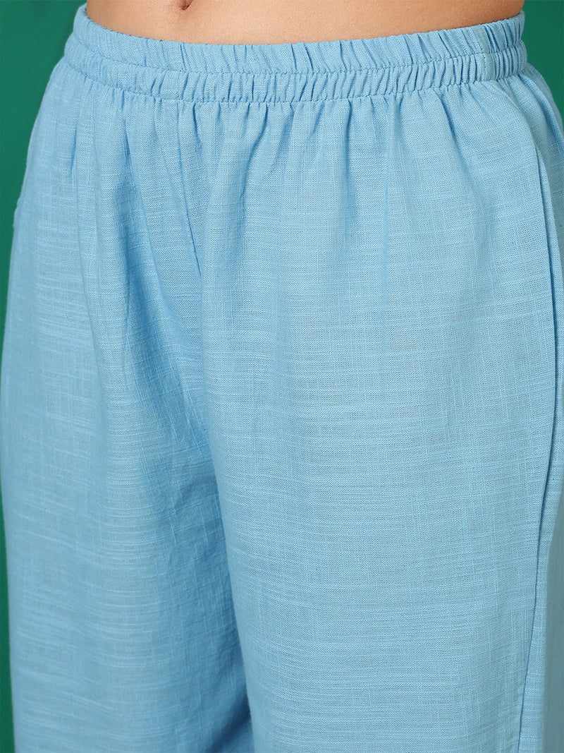 Women Cotton Aqua Blue Embroidery Top with Trouser Co-ord Set