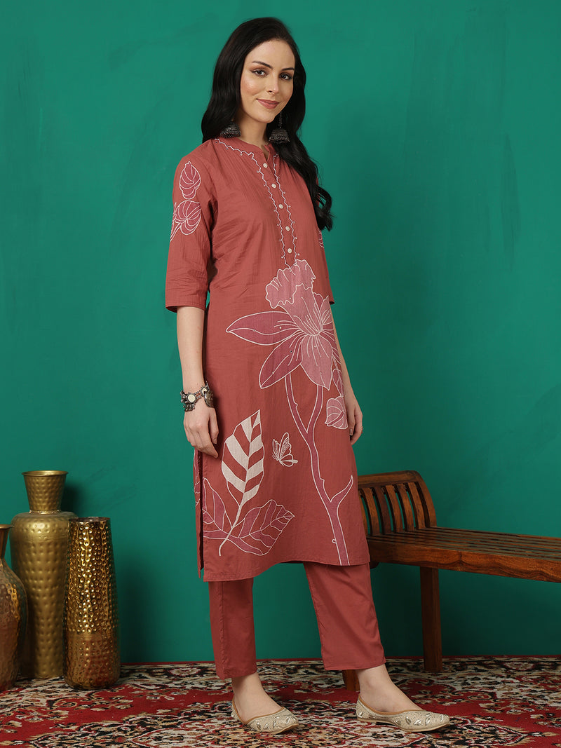 ANAISA Women Cotton Placement Print Straight Kurta with Trouser & Dupatta