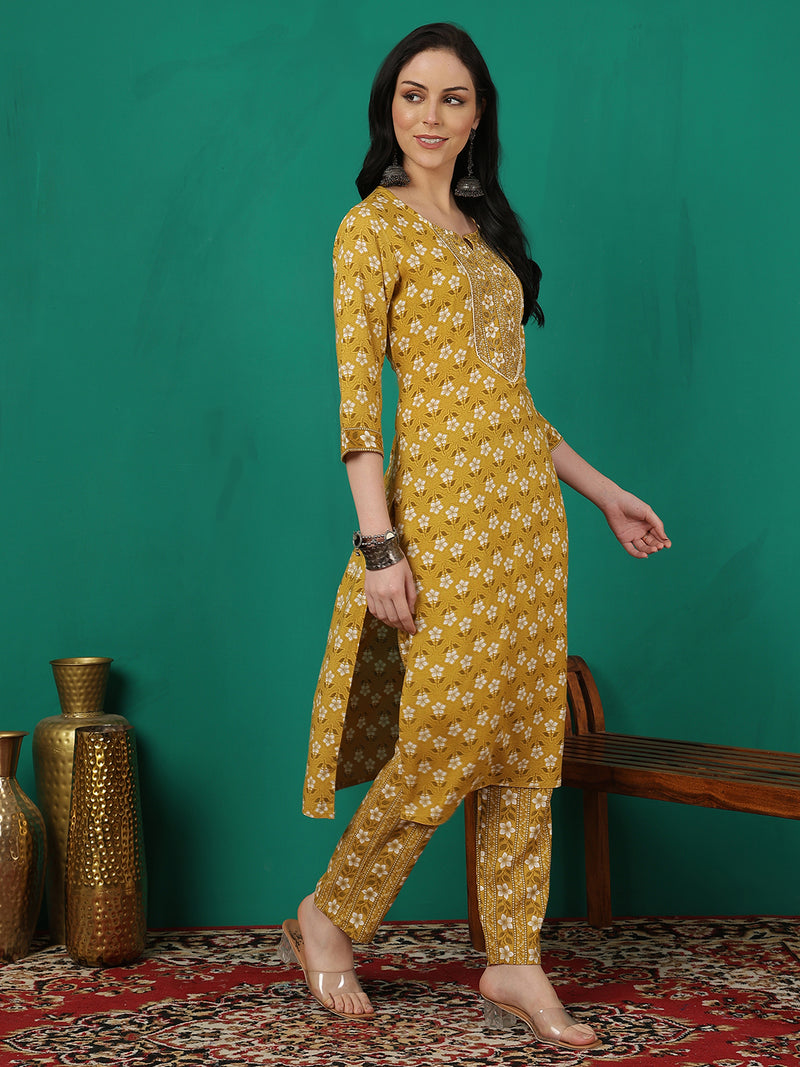 ANAISA Women Viscose Rayon Round Neck, Calf Length, Printed Kurta with Trouser & Dupatta