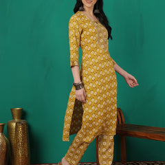 ANAISA Women Viscose Rayon Round Neck, Calf Length, Printed Kurta with Trouser & Dupatta