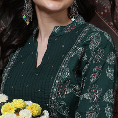 Women Green Floral Printed Hand Work Anarkali Kurta with Trouser & Dupatta