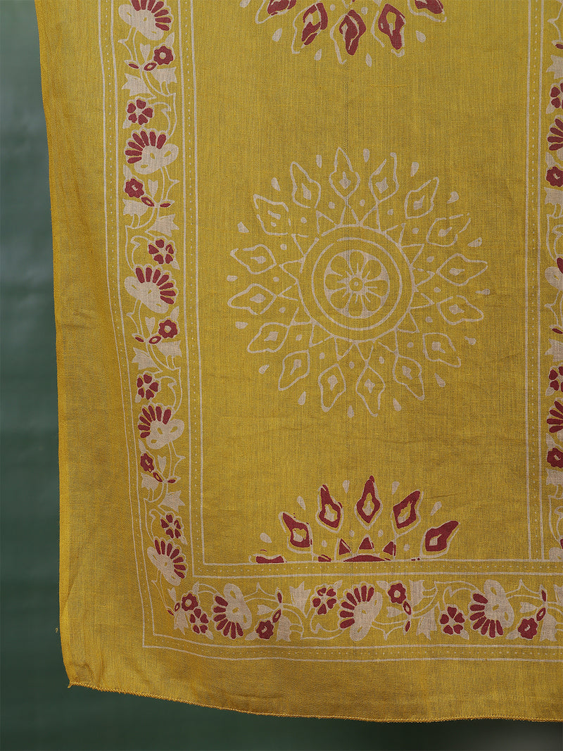 Women Pure Cotton Mustard Hand Work Yoke Printed Kurta with Trouser & Dupatta
