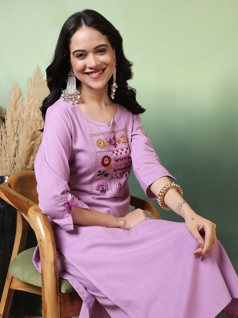 Women Lavender Cotton Flex Hand Work Kurta with Trouser Set