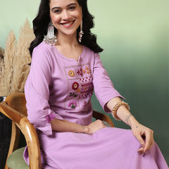 Women Lavender Cotton Flex Hand Work Kurta with Trouser Set