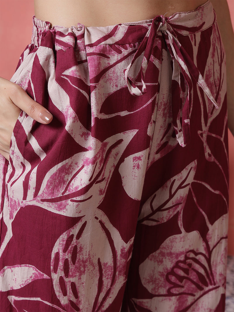 Women Purple Cotton Printed Kurta with Trouser Set