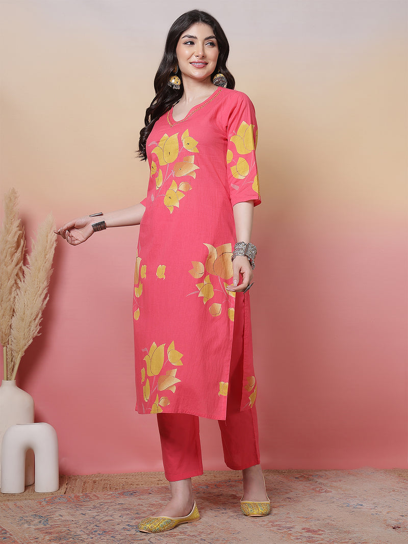 Women Coral Cotton Placement Printed Hand Work Kurta with Trouser & Dupatta