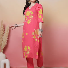 Women Coral Cotton Placement Printed Hand Work Kurta with Trouser & Dupatta
