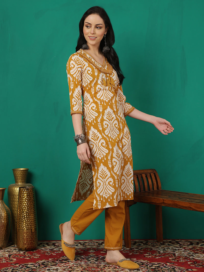 Sangira Women Cotton Printed V-neck, Straight Kurta with Trouser & Dupatta