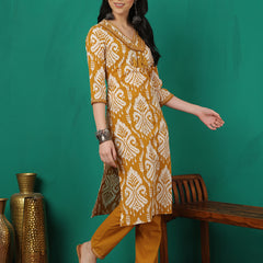 Sangira Women Cotton Printed V-neck, Straight Kurta with Trouser & Dupatta