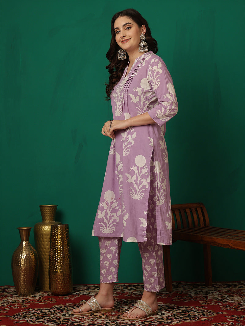 Women Purple Cotton Printed Straight Kurta with Trouser & Dupatta
