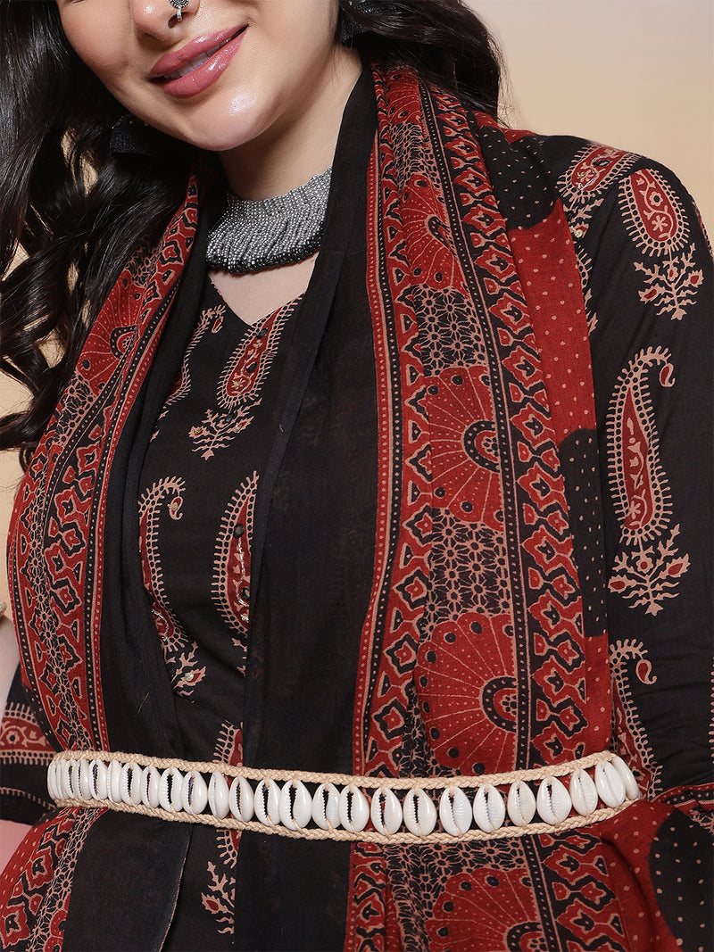 Women Black Block Printed Kurta with Trouser & Dupatta