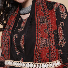 Women Black Block Printed Kurta with Trouser & Dupatta