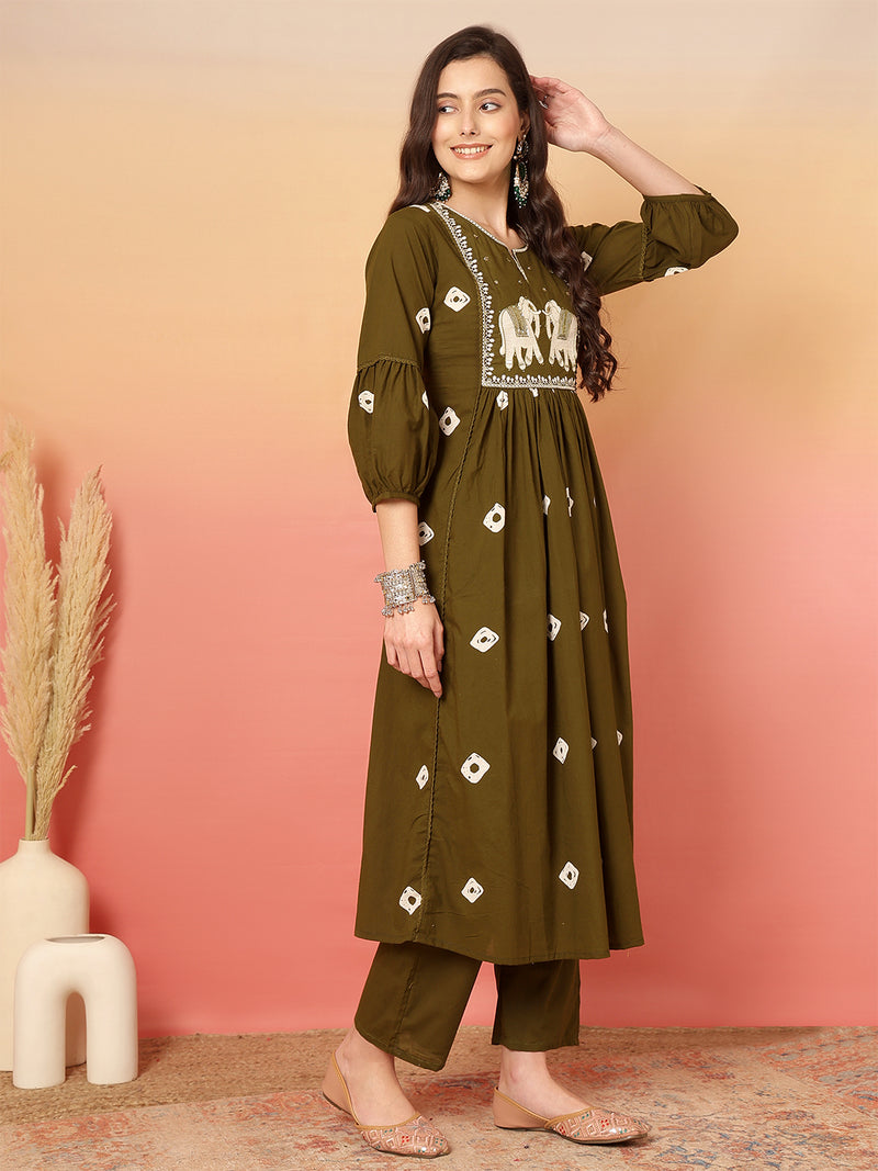 Women Cotton Olive Green Embroidery Anarkali Kurta with Trouser & Dupatta